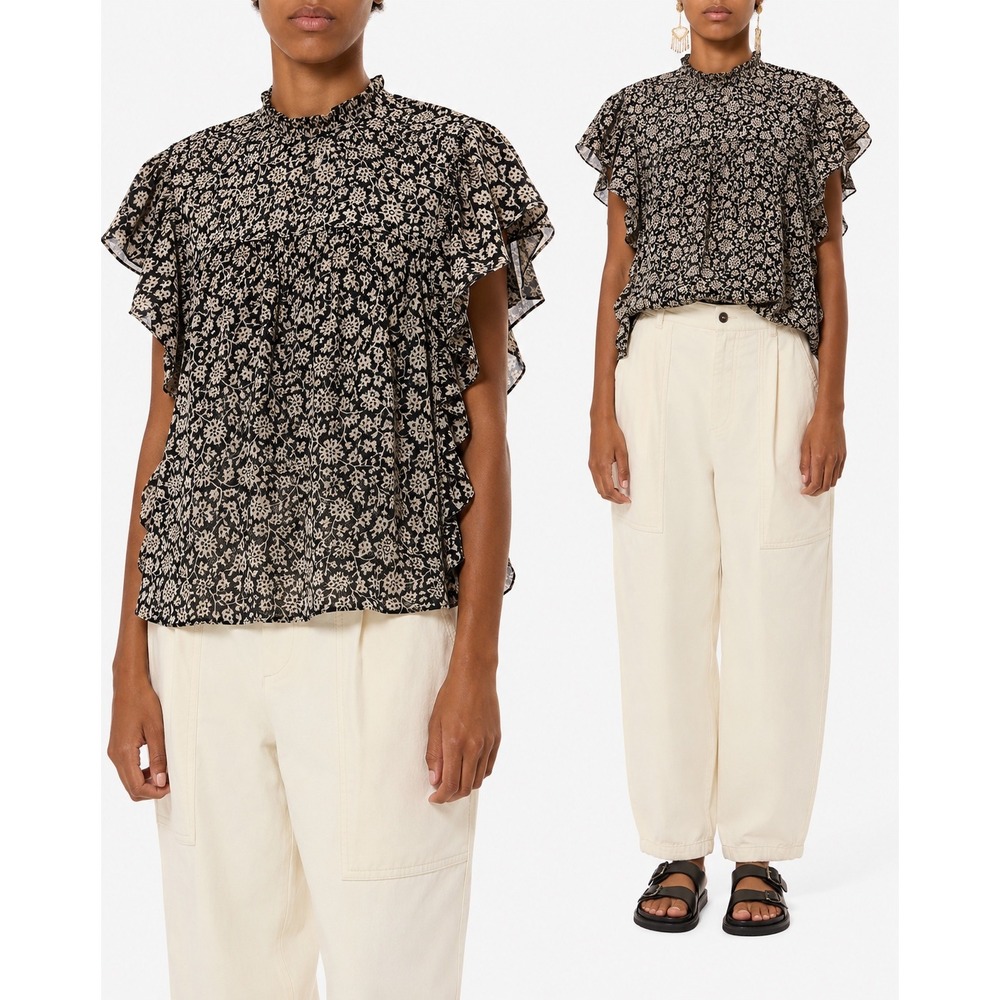 Isabel Marant Etoile‎ Daliyane Floral Cotton Voile Frill Top Black Beige Sz 38 M